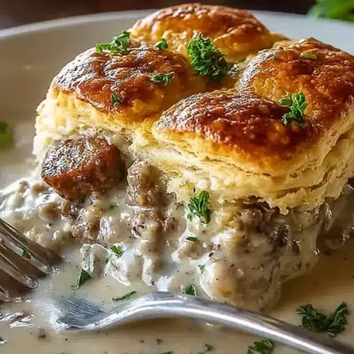 Slice of sausage gravy biscuit pie with creamy gravy and golden flaky biscuits