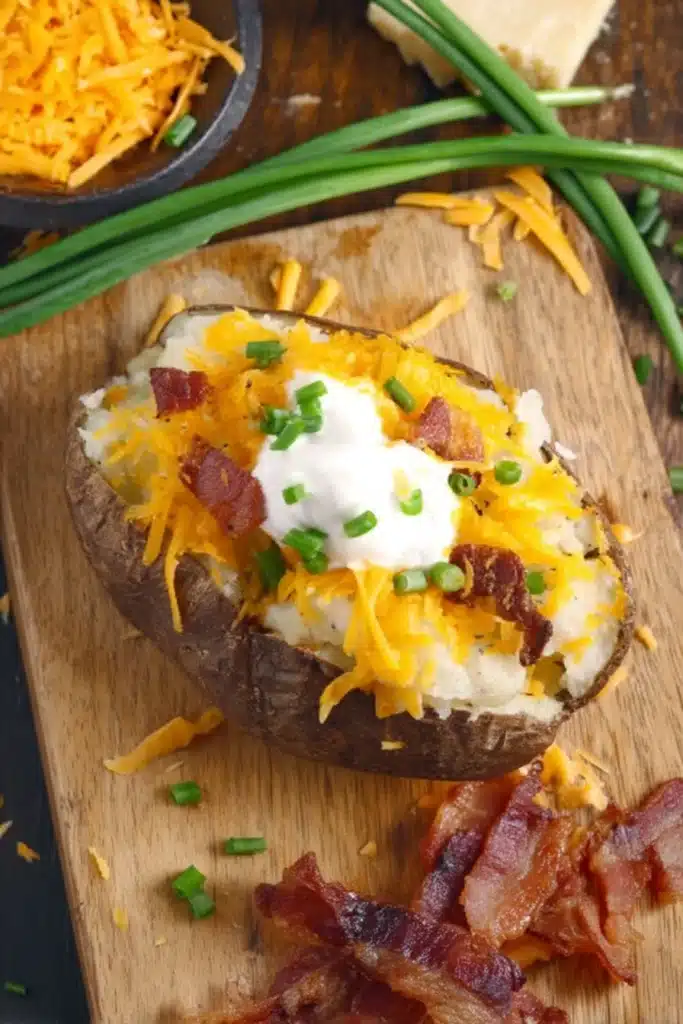 Loaded baked potato with cheese, bacon, sour cream, and chives on wooden board