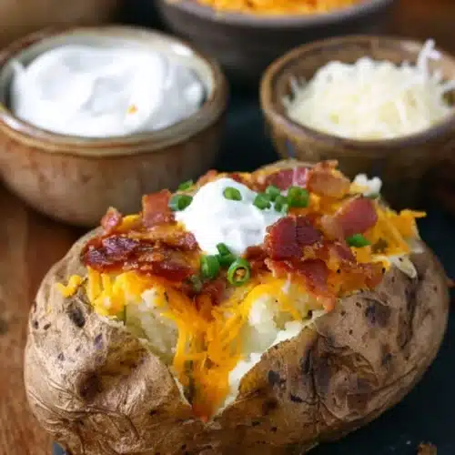 Loaded Slow Cooker Baked Potatoes with melted cheese, bacon, sour cream, and chives on a rustic board