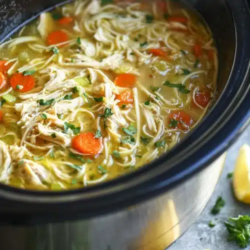 Slow cooker chicken noodle soup with carrots, noodles, and herbs in golden broth