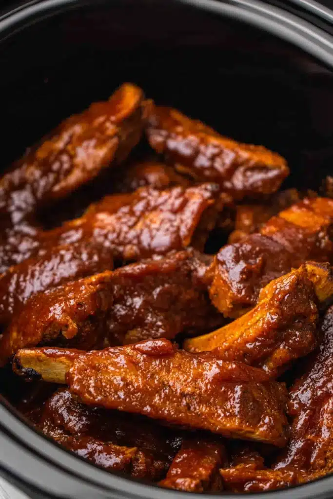 Slow cooker country-style ribs simmering in rich BBQ sauce