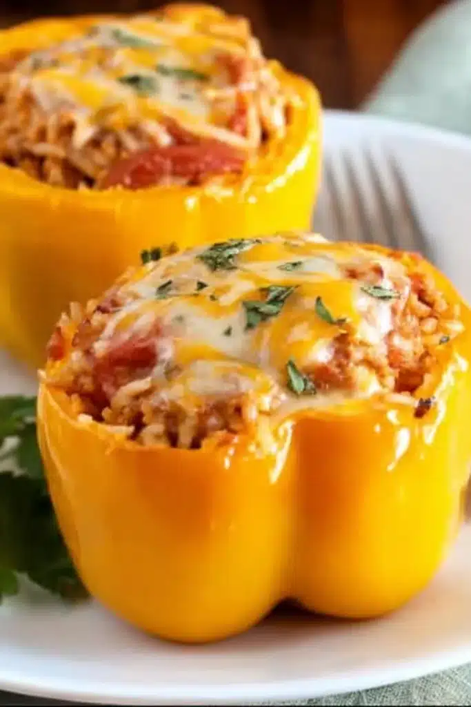 Slow cooker stuffed yellow peppers topped with melted cheese and herbs