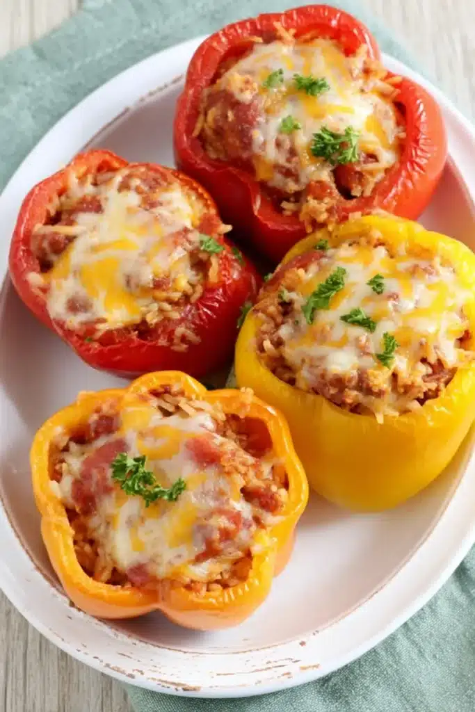 Slow cooker stuffed peppers with rice, sausage, and melted cheese on white plate