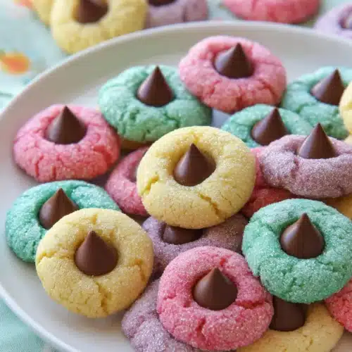 Spring Blossom Cookies 3 Colorful spring blossom cookies with chocolate centers on white plate