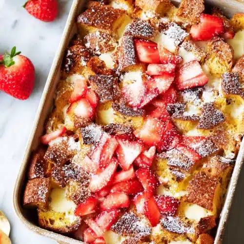 Strawberries and Cream French Toast casserole ingredients in a baking dish before baking