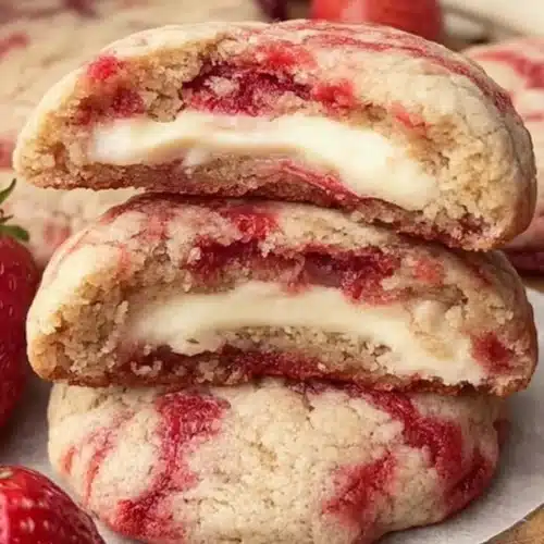 Strawberry Cheesecake Cookies with creamy cheesecake filling and fresh strawberries