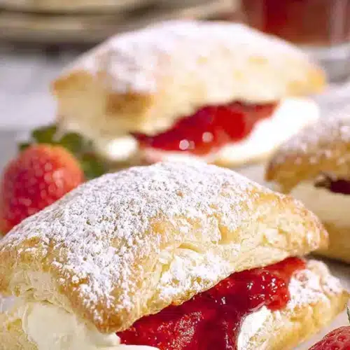 Strawberry cheesecake puffs with flaky pastry, cream filling, and fresh strawberry sauce