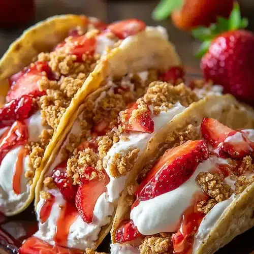 Strawberry cheesecake tacos with cream filling and fresh strawberries on a rustic plate