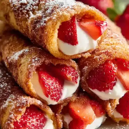 Strawberry French toast roll-ups filled with cream and fresh strawberries, dusted with powdered sugar.