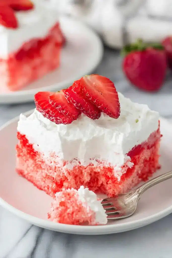 Slice of strawberry Jello poke cake with whipped topping and fresh strawberries