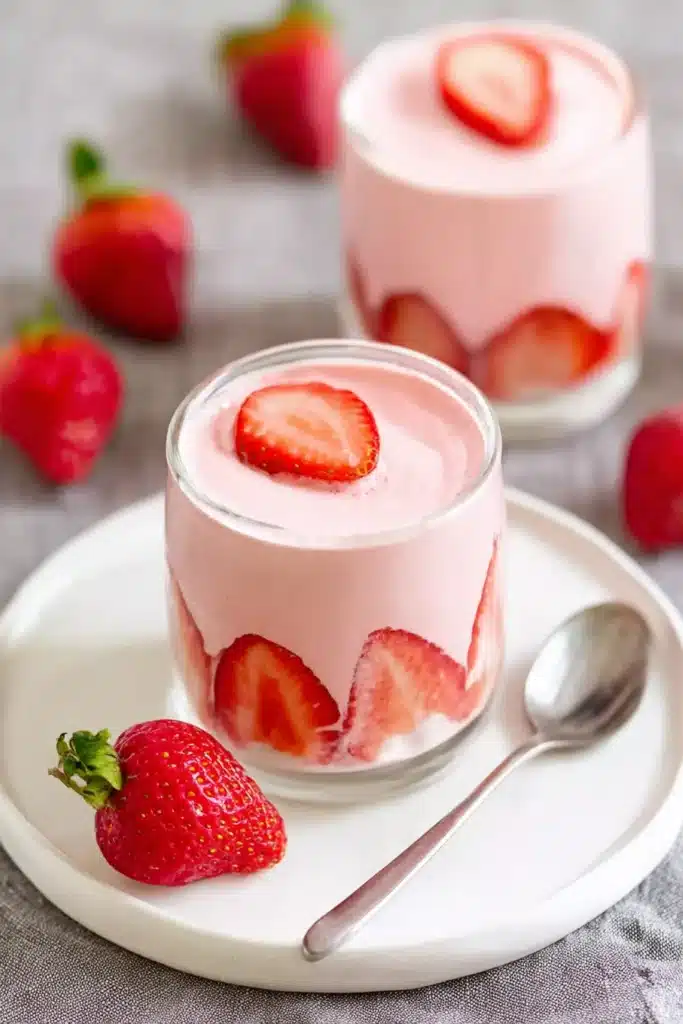 Glass cups of strawberry mousse with fresh strawberries on a white plate