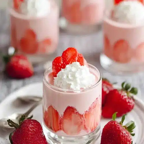 Strawberry mousse in glass cups with whipped cream and fresh strawberries