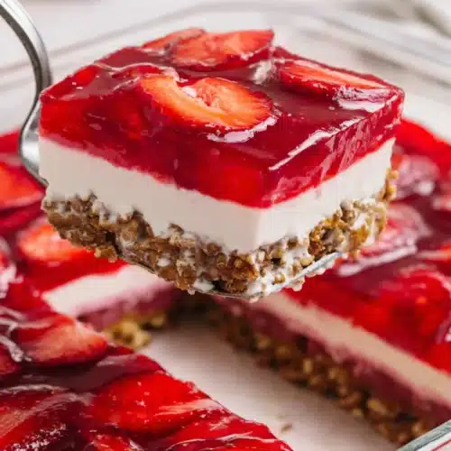Strawberry Pretzel dessert slice showing creamy layers and crunchy pretzel crust