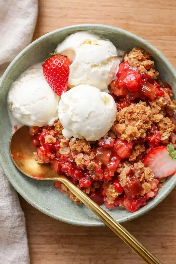 Strawberry Rhubarb Crisp 2 Strawberry Rhubarb Crisp served with vanilla ice cream