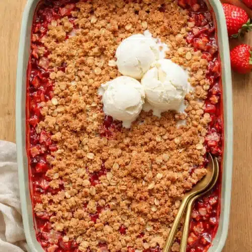 Strawberry Rhubarb Crisp 3 Strawberry Rhubarb Crisp served with vanilla ice cream
