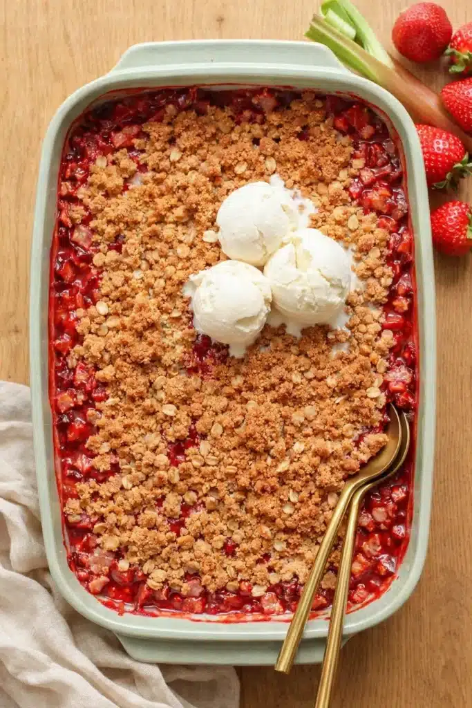 Strawberry Rhubarb Crisp 1 Strawberry Rhubarb Crisp served with vanilla ice cream