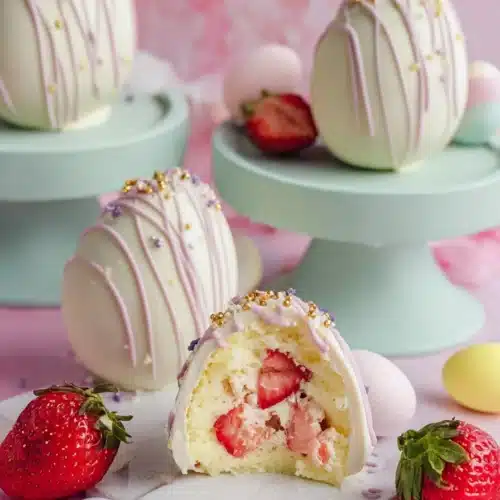 Strawberry shortcake Easter egg bombs with white chocolate shell and strawberry cream filling