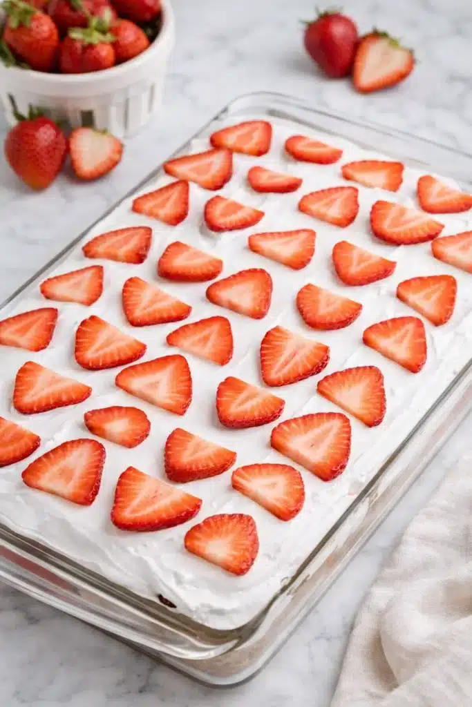 Strawberry Shortcake Poke Cake topped with fresh strawberry slices