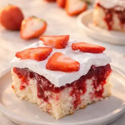 Strawberry shortcake poke cake slice with whipped cream and fresh strawberries