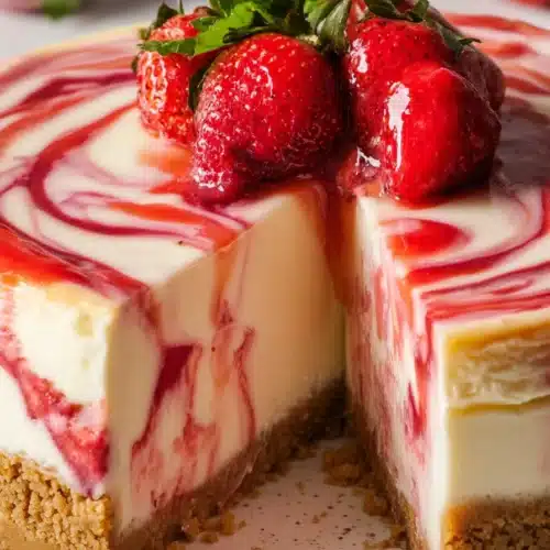 Strawberry swirl cheesecake with fresh strawberries and golden crust on white plate