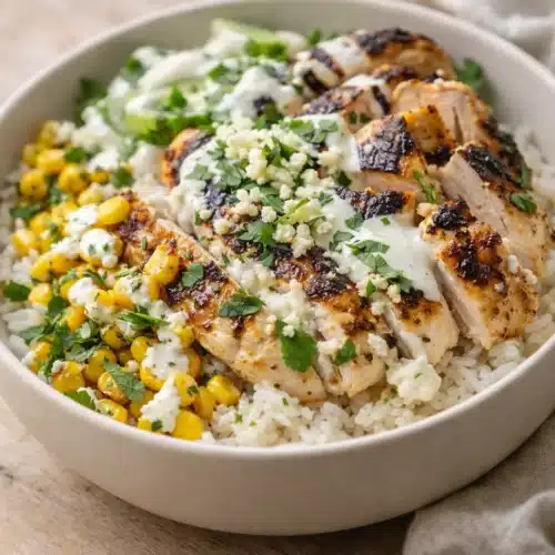 Street Corn Chicken Rice Bowl with grilled chicken, rice, charred corn and creamy lime sauce