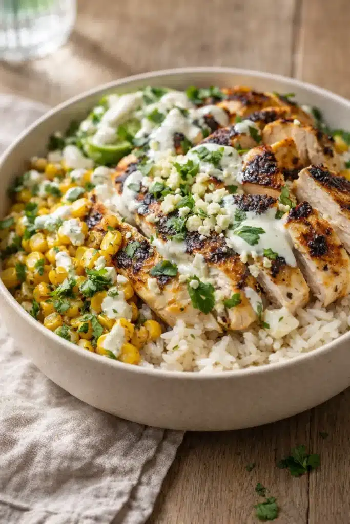 Street Corn Chicken Rice Bowl with grilled chicken, rice, charred corn and creamy lime sauce