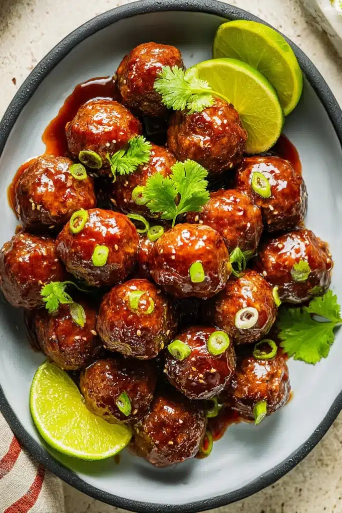 Teriyaki Meatballs Recipe That’s Quick, Juicy, and Flavorful 1 Glossy teriyaki meatballs with green onions and lime in ceramic bowl