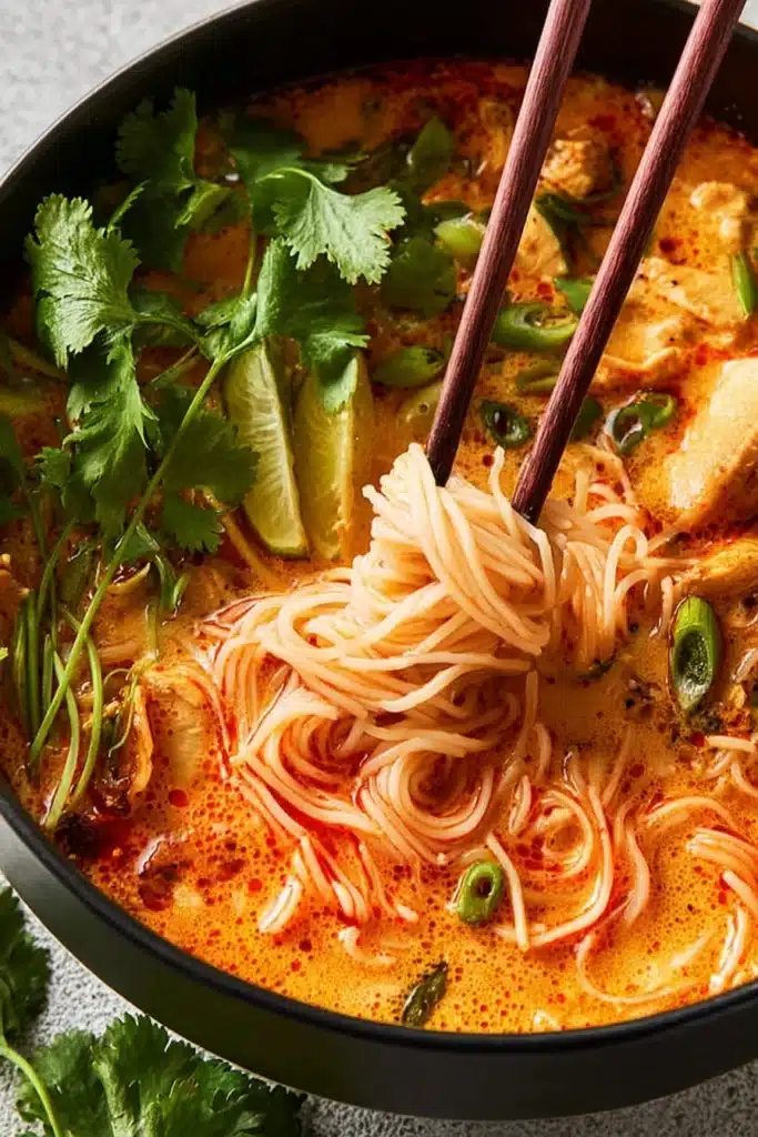 Close-up of Thai Red Curry Noodle Soup with chicken, noodles, and cilantro