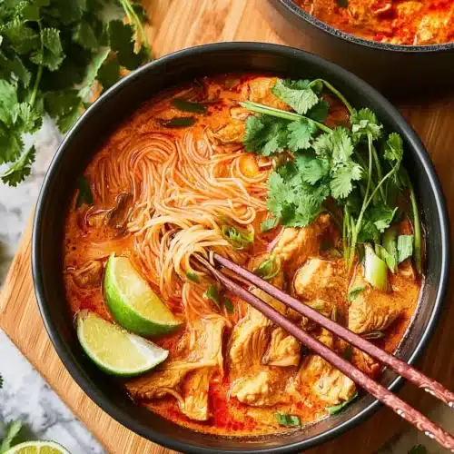 Thai red curry noodle soup with chicken, cilantro, and lime in a black bowl