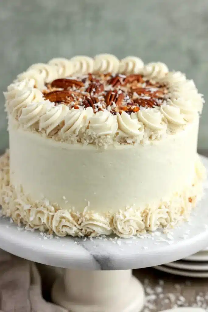 To Die For Carrot Cake 2 Moist carrot cake with cream cheese frosting and pecan topping on cake stand
