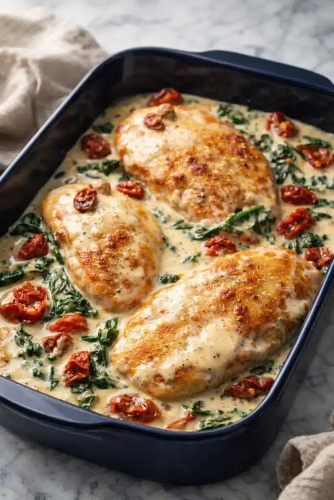 Tuscan Chicken Crispy Recipe for Easy Weeknight Dinners 2 Creamy Tuscan chicken with spinach and sun dried tomatoes in rich garlic sauce