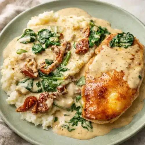 Tuscan Chicken Crispy Recipe for Easy Weeknight Dinners 3 Tuscan chicken served over mashed potatoes with creamy garlic sauce