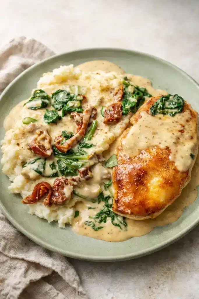 Tuscan Chicken Crispy Recipe for Easy Weeknight Dinners 1 Tuscan chicken served over mashed potatoes with creamy garlic sauce