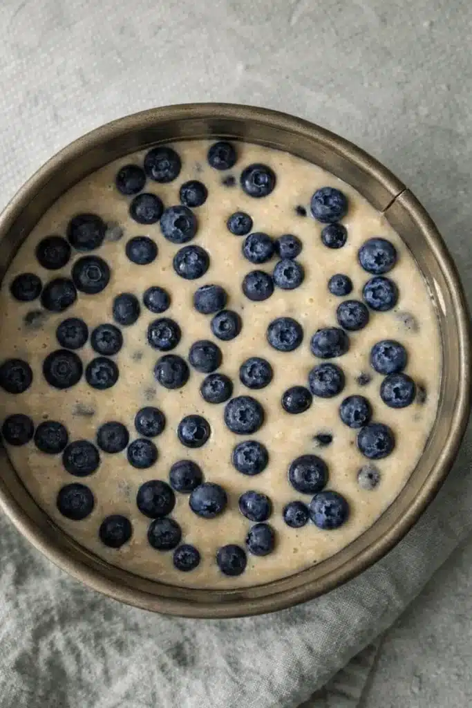 Vegan Lemon Blueberry Cake 2 Unbaked Vegan Lemon Blueberry Cake batter topped with fresh blueberries in cake pan