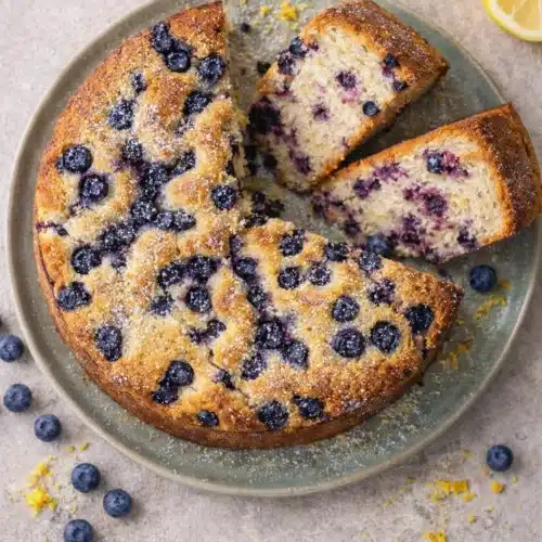 Vegan Lemon Blueberry Cake 4 Overhead view of moist lemon blueberry cake with powdered sugar and fresh berries