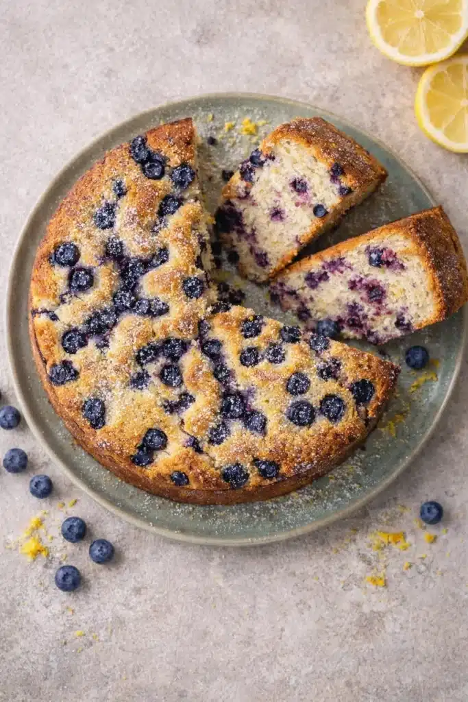 Vegan Lemon Blueberry Cake 1 Overhead view of moist lemon blueberry cake with powdered sugar and fresh berries