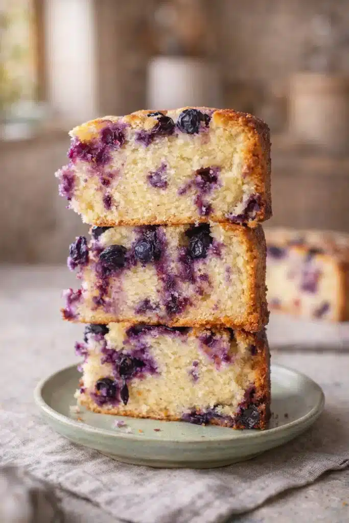 Vegan Lemon Blueberry Cake 3 Stacked slices of Vegan Lemon Blueberry Cake showing moist crumb and juicy berries