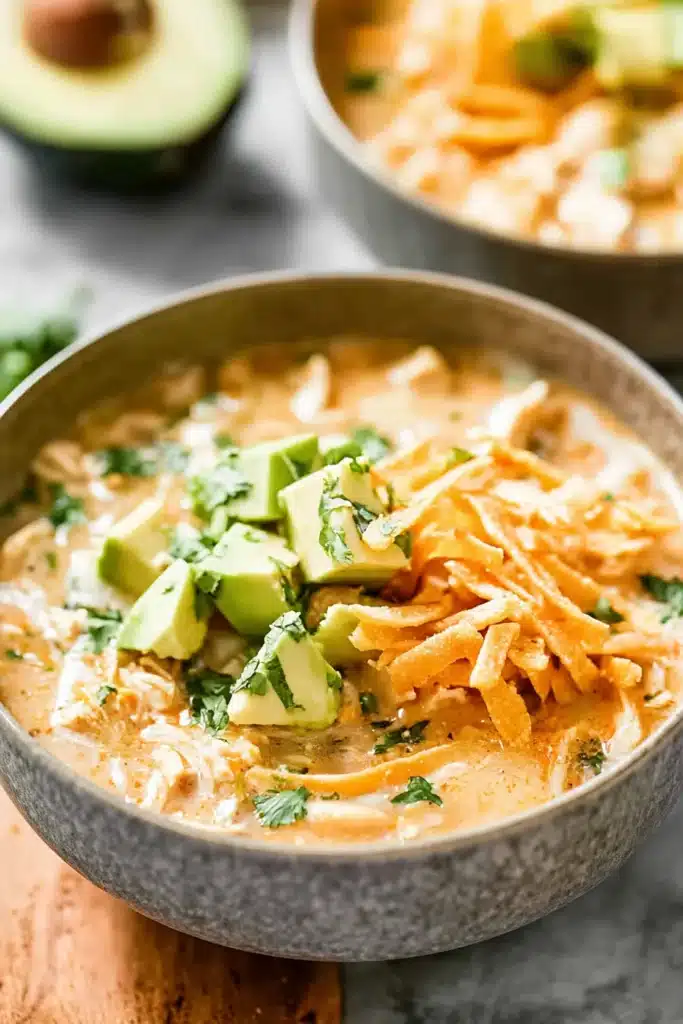 White chicken chili with avocado, cheese, cilantro, and tortilla strips in a bowl