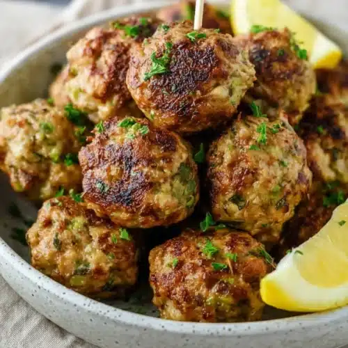 Whole30 air fryer chicken meatballs in a ceramic bowl with parsley and lemon wedges