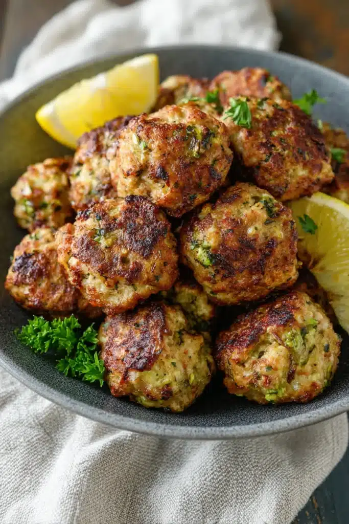 Golden-brown Whole30 chicken meatballs air-fried and garnished with parsley
