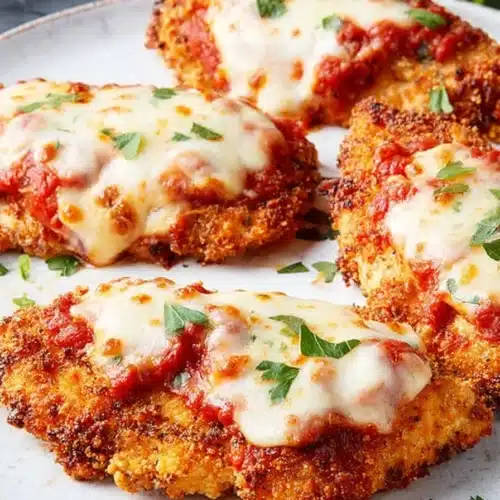 Crispy air fryer chicken parmesan with marinara sauce and melted mozzarella cheese