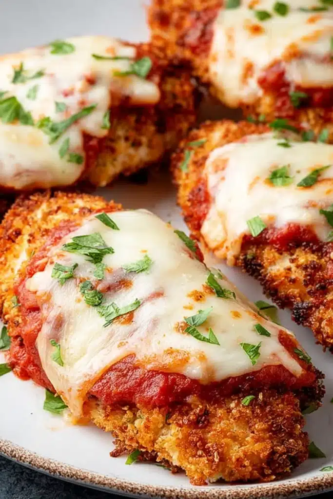 Crispy Air Fryer Chicken Parmesan with melted mozzarella and marinara sauce