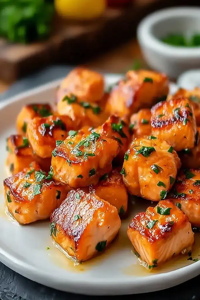 Air Fryer Honey Garlic Salmon 1 Air fryer honey garlic salmon bites with crispy caramelized glaze and fresh herbs on a plate