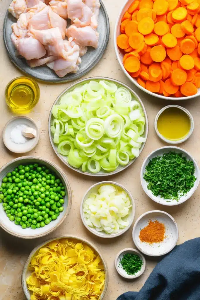 Anti Inflammatory Turmeric Chicken Soup ingredients with carrots, celery, leeks, peas and raw chicken