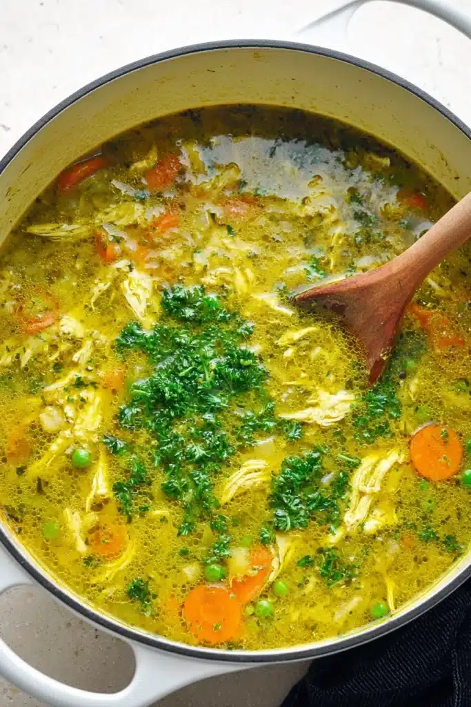 Anti Inflammatory Turmeric Chicken Soup simmering in pot with shredded chicken and vegetables