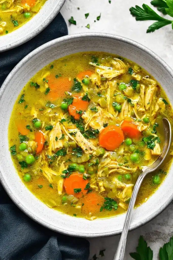 Anti Inflammatory Turmeric Chicken Soup with shredded chicken, carrots and peas in golden broth