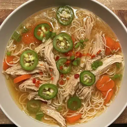 Aromatic ginger scallion chicken noodle soup with shredded chicken and chili drizzle
