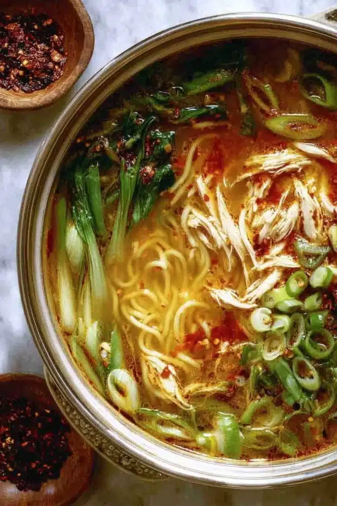 Aromatic ginger scallion chicken noodle soup with chili oil and scallions
