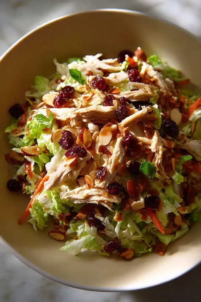 Asian Chicken Cranberry Salad 2 Asian Chicken Cranberry Salad with shredded chicken, cranberries, cabbage and almonds