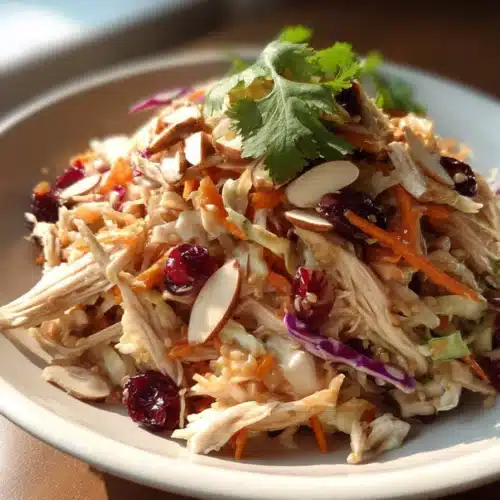 Asian Chicken Cranberry Salad 3 Asian chicken cranberry salad with shredded chicken, cranberries, cabbage, and almonds in ceramic bowl